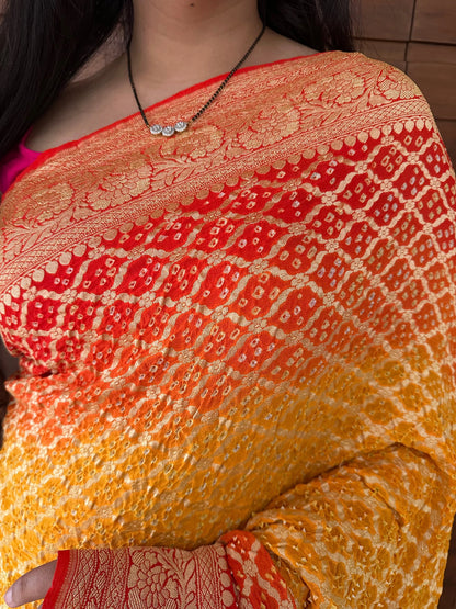 Yellow-Orange Gharchola Bandhej Pure Georgette Saree