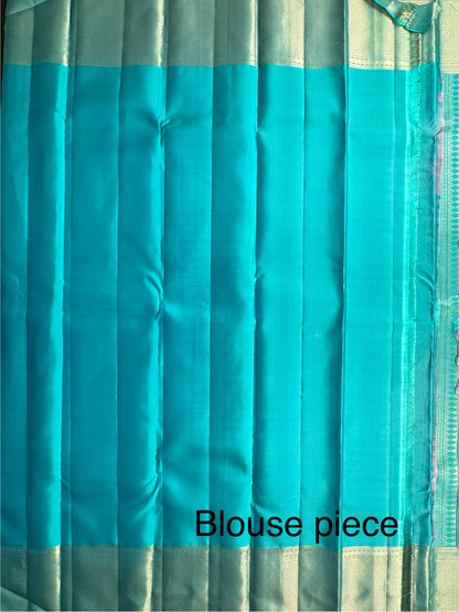 Pink-Firozi  Handloom Kanjivaram Jamawar Pure Silk Saree