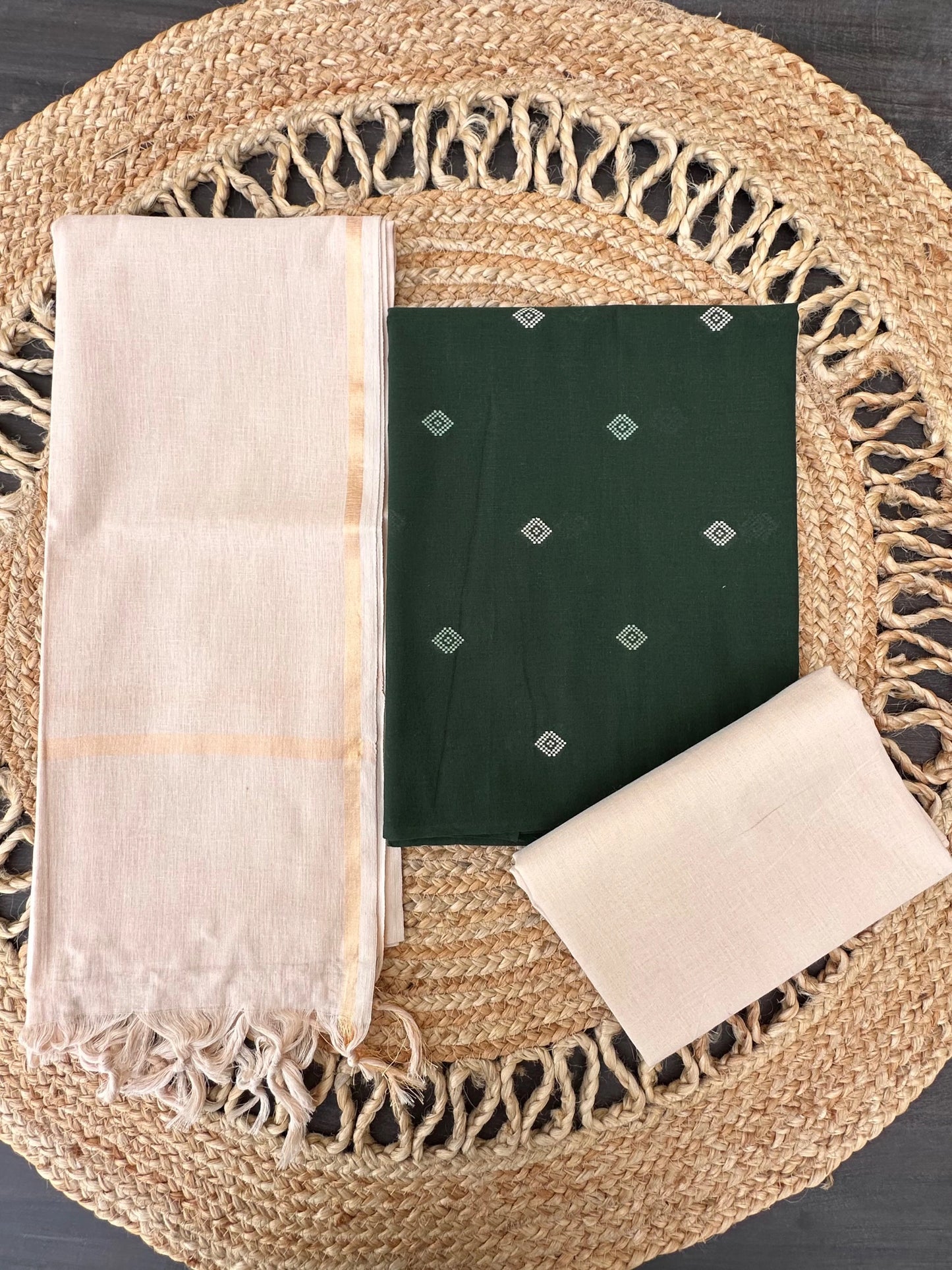 Bottle Green-Beige Avani South Cotton 3-Piece Suit