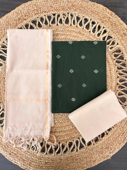 Bottle Green-Beige Avani South Cotton 3-Piece Suit