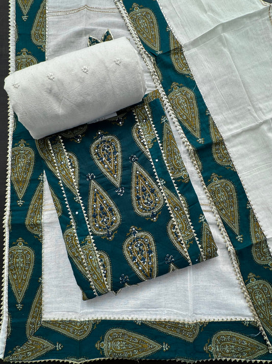 Bottle Green  Printed Pure Cotton Suit