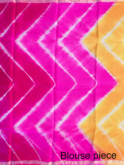 Yellow-Pink Leheriya Kota Doria Pure Silk Saree
