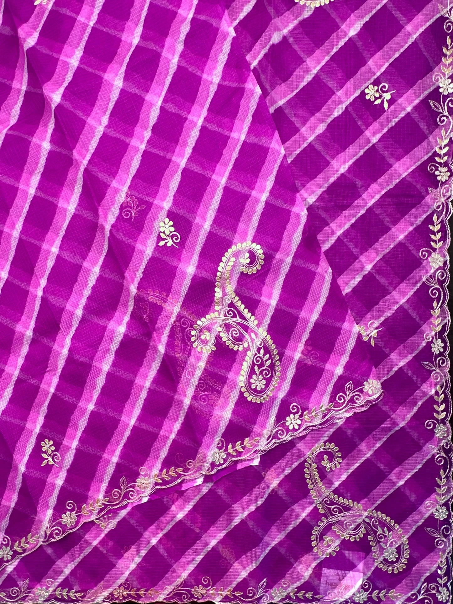 Purple Kyra Leheriya Kota Doria Pure Silk Saree With Gota Patti Work