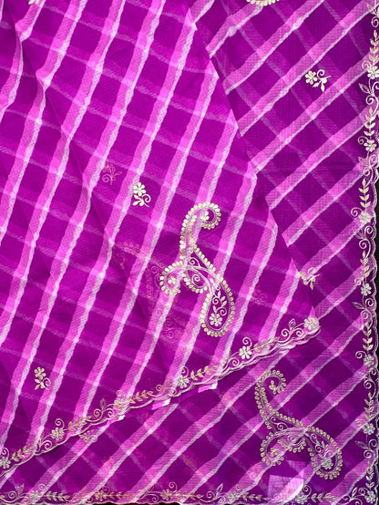 Purple Kyra Leheriya Kota Doria Pure Silk Saree With Gota Patti Work