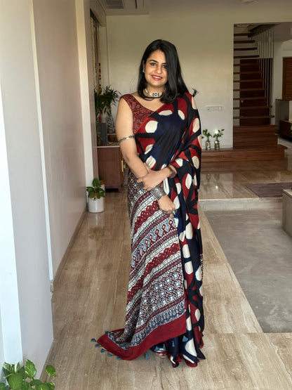 Royal Indigo-Red Ajrakh Blended Modal Saree