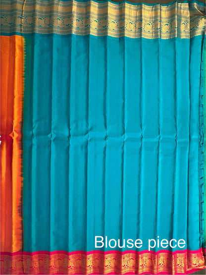 Orange-Rama Green Gadwal Pure Silk Saree