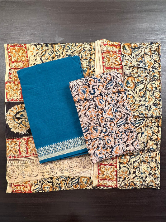 Turquoise Blue Mangalgiri Cotton Unstitched 3-Piece Suit