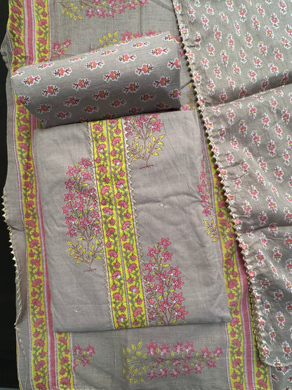 Light Gray Jaipuri Necktie Cotton 3-Piece Suit