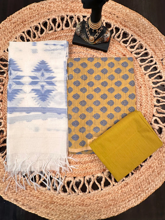 Mustard Jacquard 3-piece Unstitched Cotton Suit