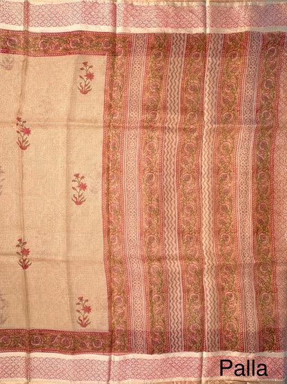 Beige Hand Block-Print Pure Kota Doria Silk Saree