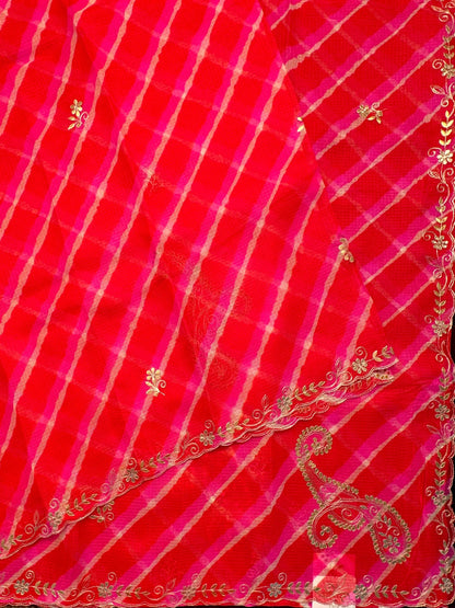 Orange-Pink Kyra Leheriya Kota Doria Pure Silk Saree With Gota Patti Work