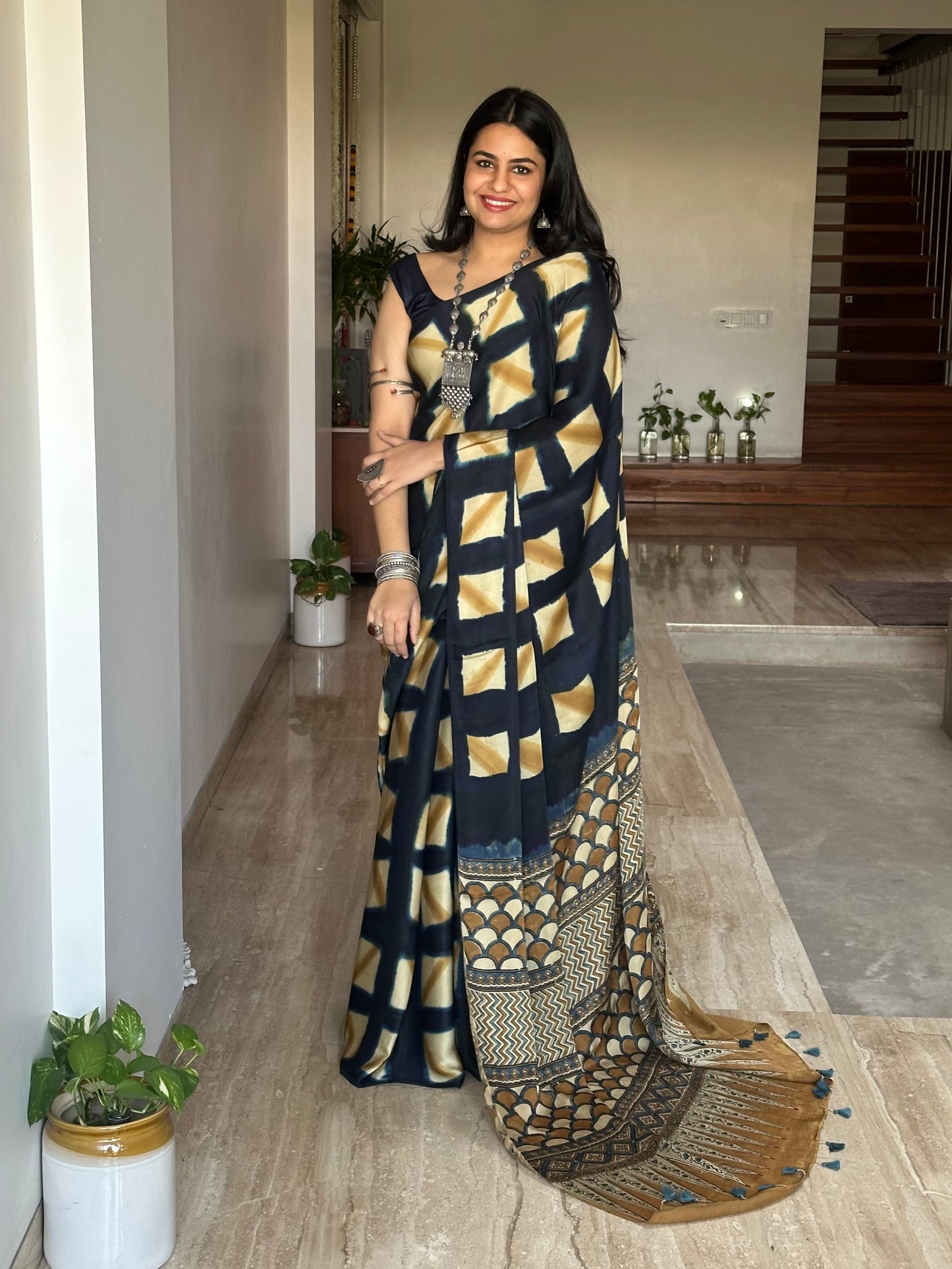 Black Indigo-Mustard Ajrakh Blended Modal Saree