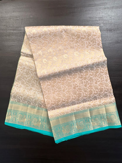 Cream-Sea Green Handloom Kanjivaram Jamawar Pure Silk Saree