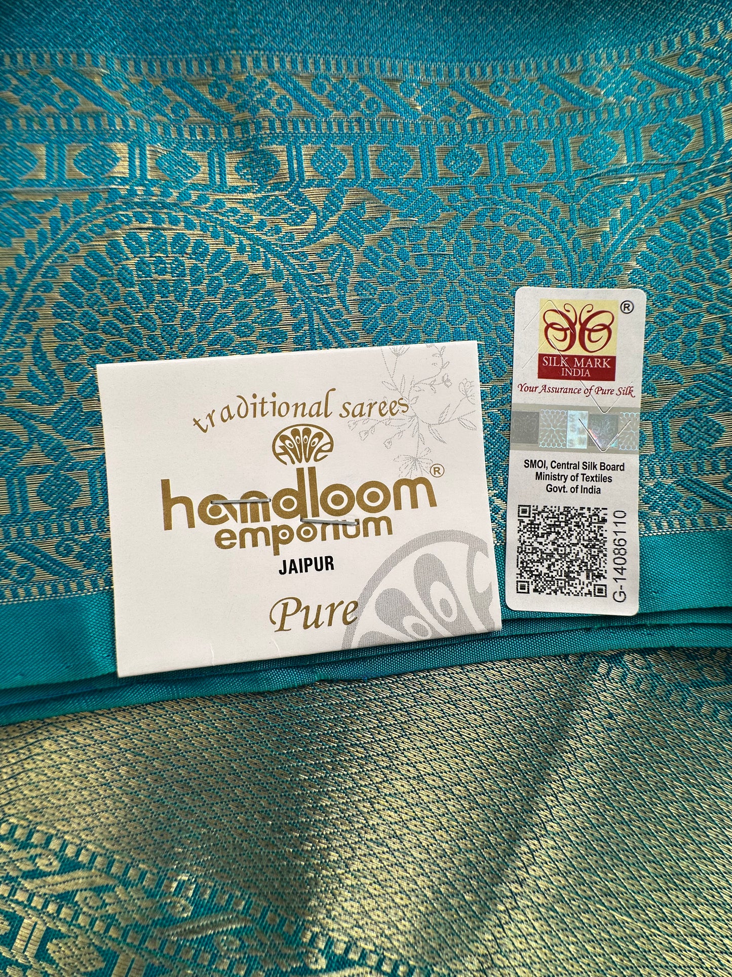 Blue-Firozi Handloom Kanjivaram Pure Silk Saree