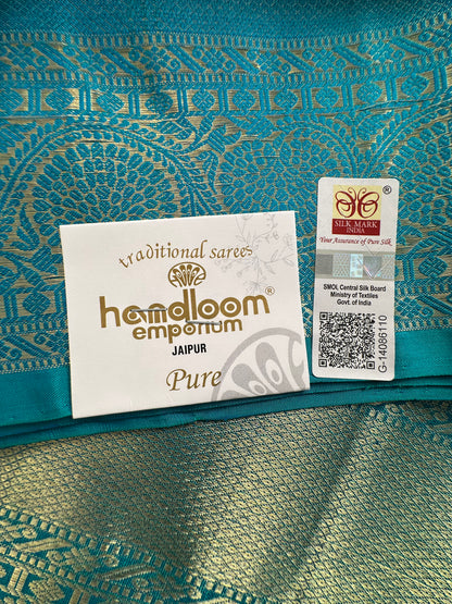 Blue-Firozi Handloom Kanjivaram Pure Silk Saree