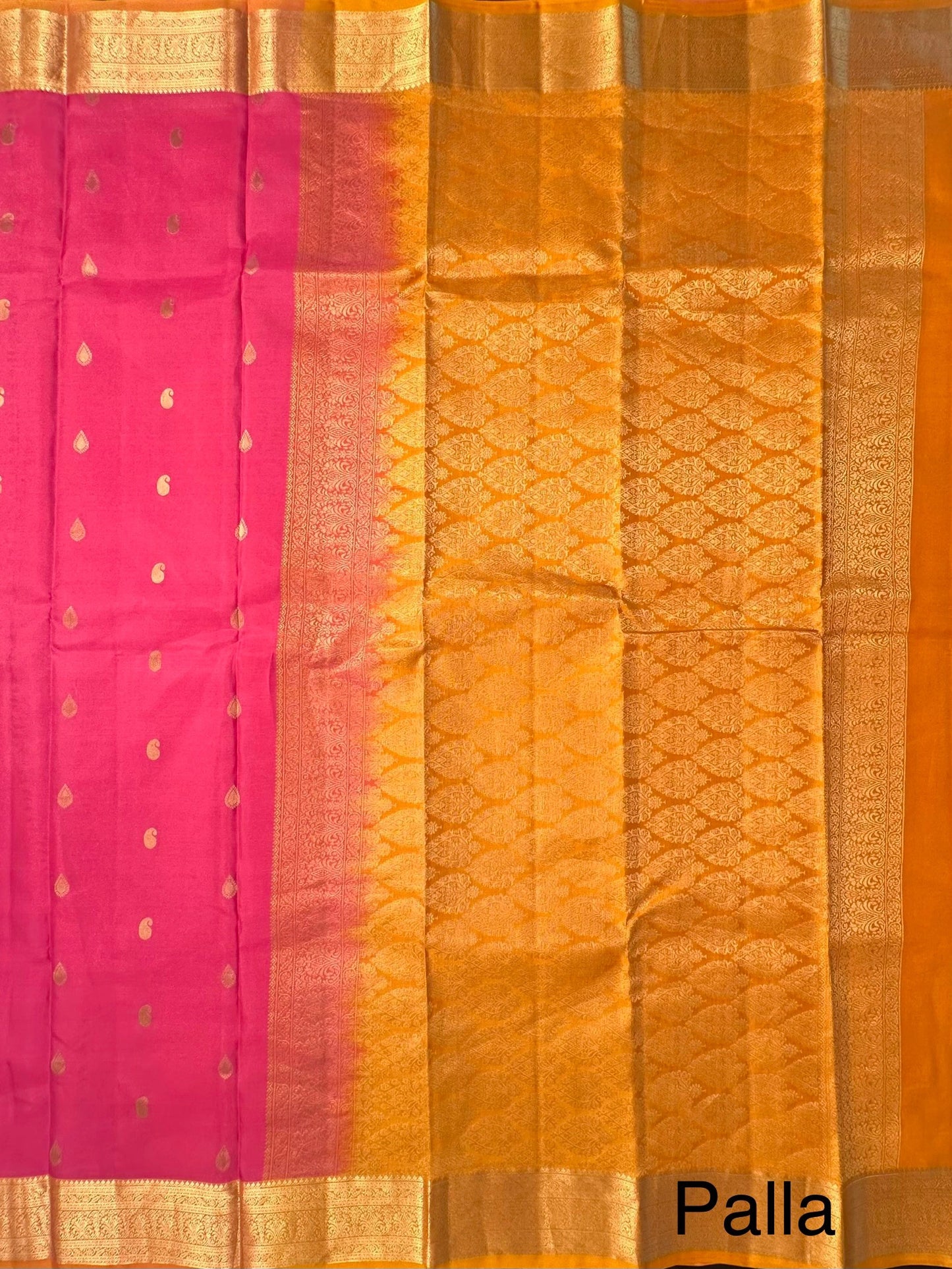Pink-Mustard Pondicherry Pure Silk Saree