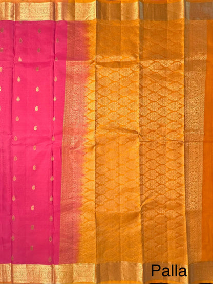 Pink-Mustard Pondicherry Pure Silk Saree