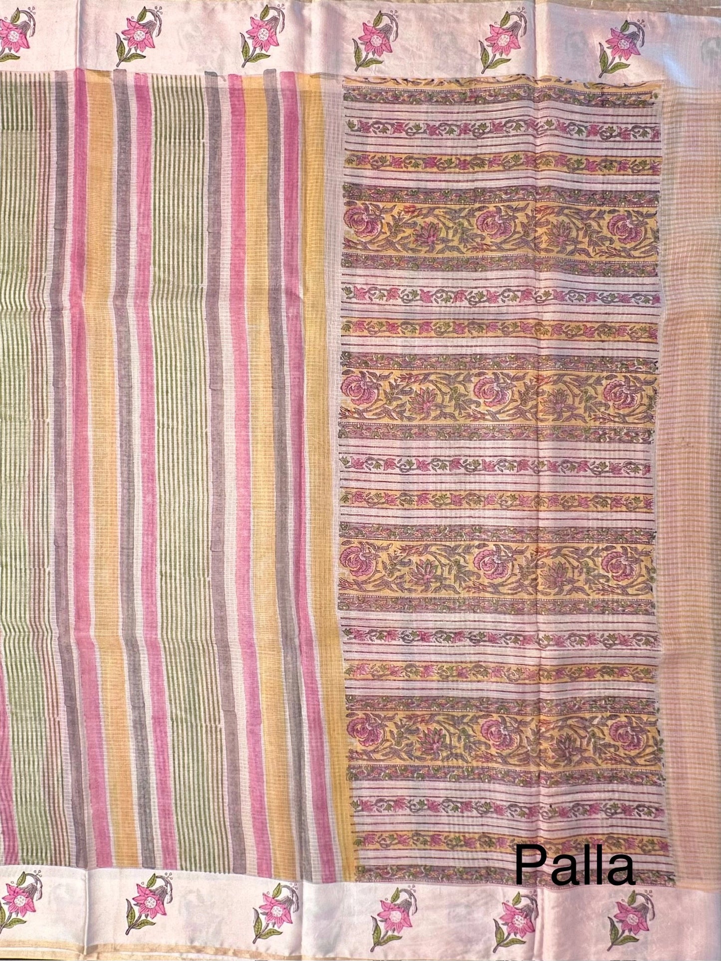 Peach-Multi Colour Hand Block-Print Pure Kota Doria Silk Saree