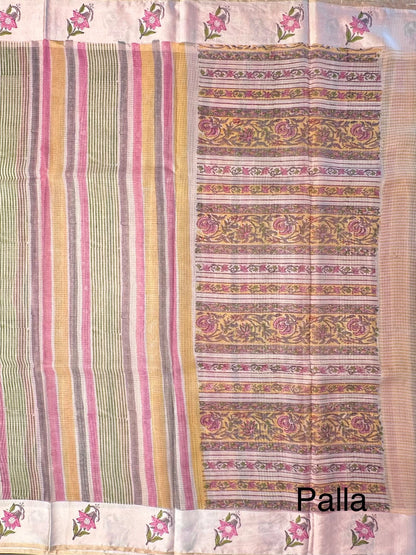 Peach-Multi Colour Hand Block-Print Pure Kota Doria Silk Saree