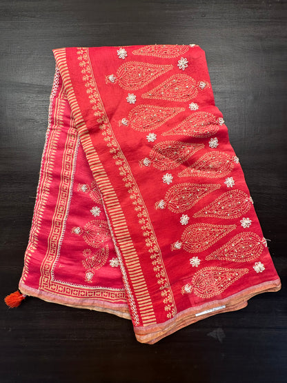 Coral Pink-Rani Block Print Chanderi Saree With Kaantha Stitch