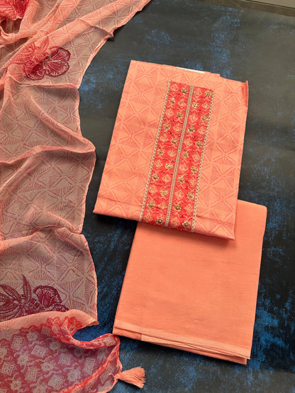 Peach Jaipuri Cotton 3-Piece Suit