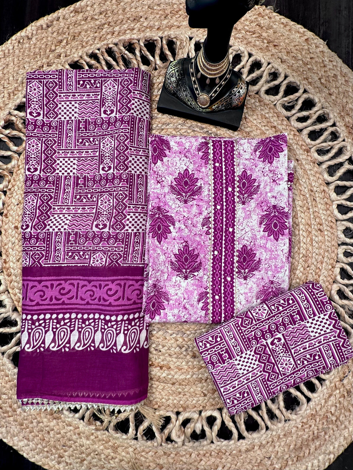 Purple Jaipuri Necktie Cotton 3-Piece Suit
