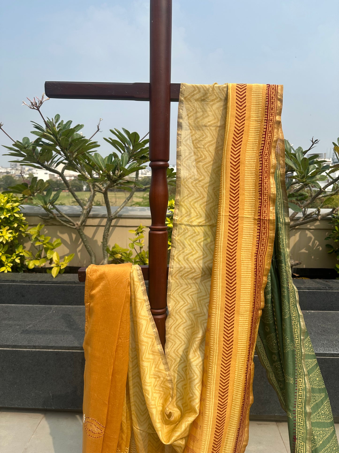 Mustard-Green Block Print Chanderi Saree With Kaantha Stitch