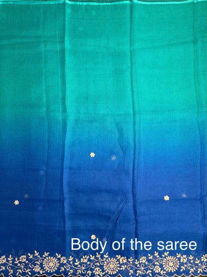 Sea Green-Blue Rati Shaded Kota Doria Pure Silk Saree With Gota Patti Work