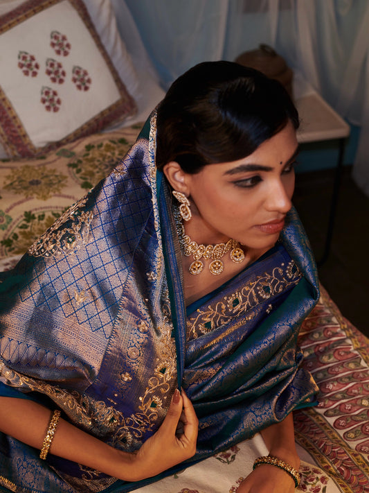 Blue Kanjivaram Jamawar Pure Silk Saree