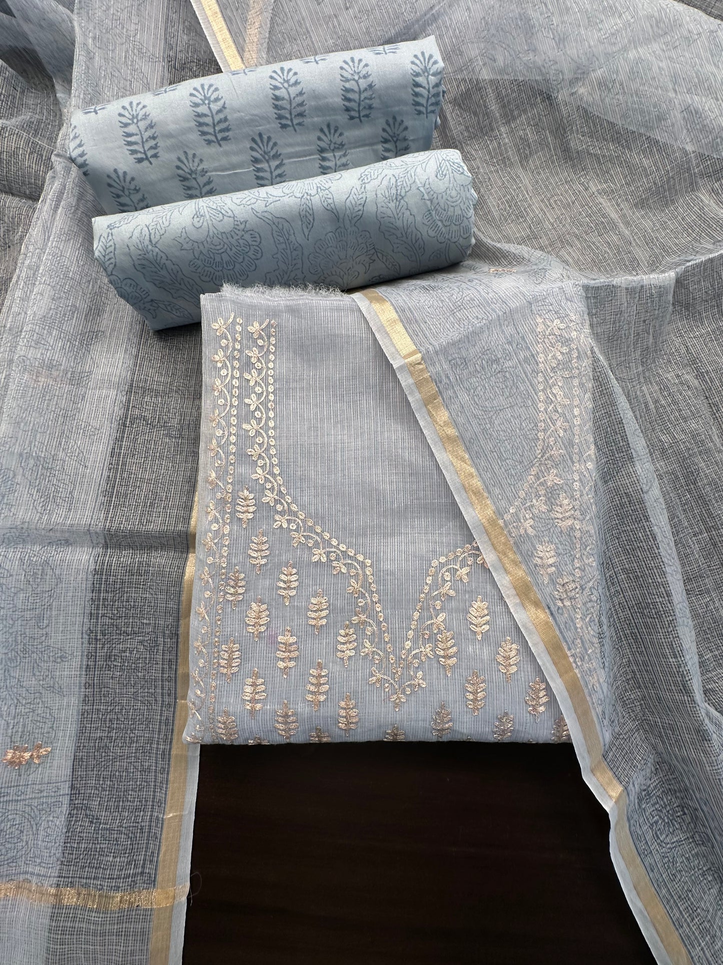 Grey 4-Piece Kota Doria Cotton Unstitched Suit