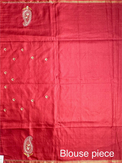 Maroon Hand Work Pure Tussar Silk Saree