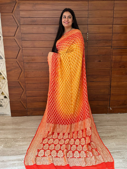 Yellow-Orange Gharchola Bandhej Pure Georgette Saree
