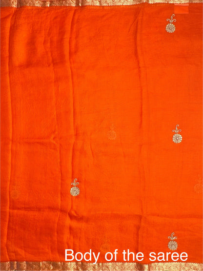 Orange Kota Doria Pure Silk Saree With Hand Work