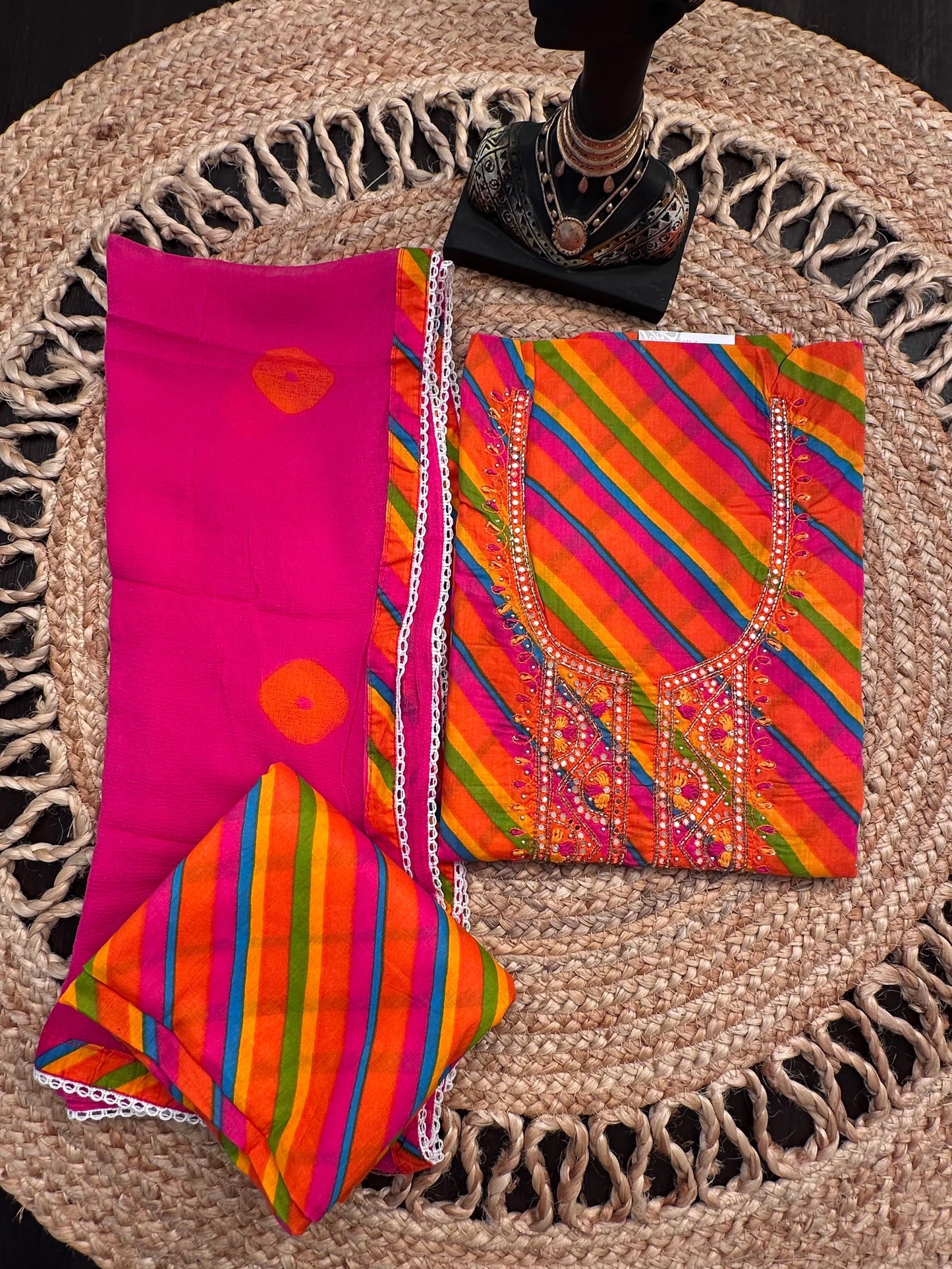 Orange - Multi Colour Leheriya Jaipuri Cotton 3-Piece Suit