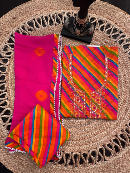Orange - Multi Colour Leheriya Jaipuri Cotton 3-Piece Suit