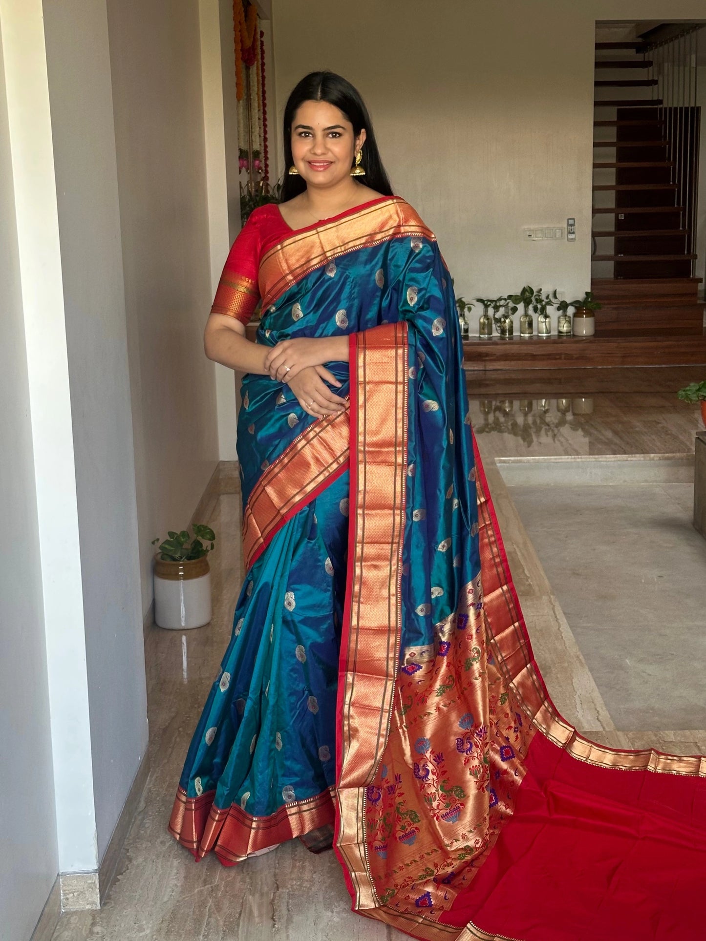 Peacock Blue-Red Paithini Silk Saree