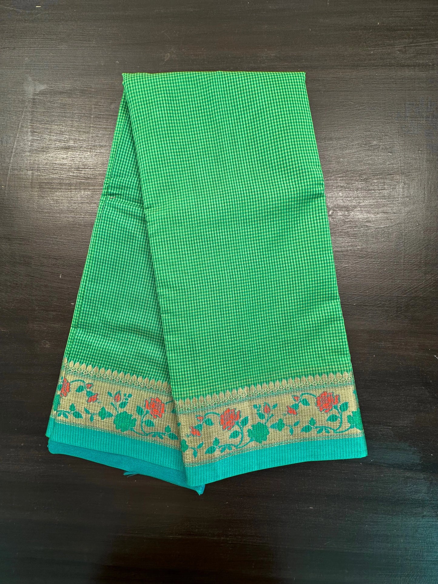 Green Checkered Fancy Cotton Saree