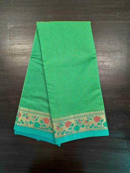 Green Checkered Fancy Cotton Saree