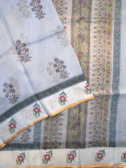 Pastel Blue Hand Block-Print Pure Kota Doria Silk Saree