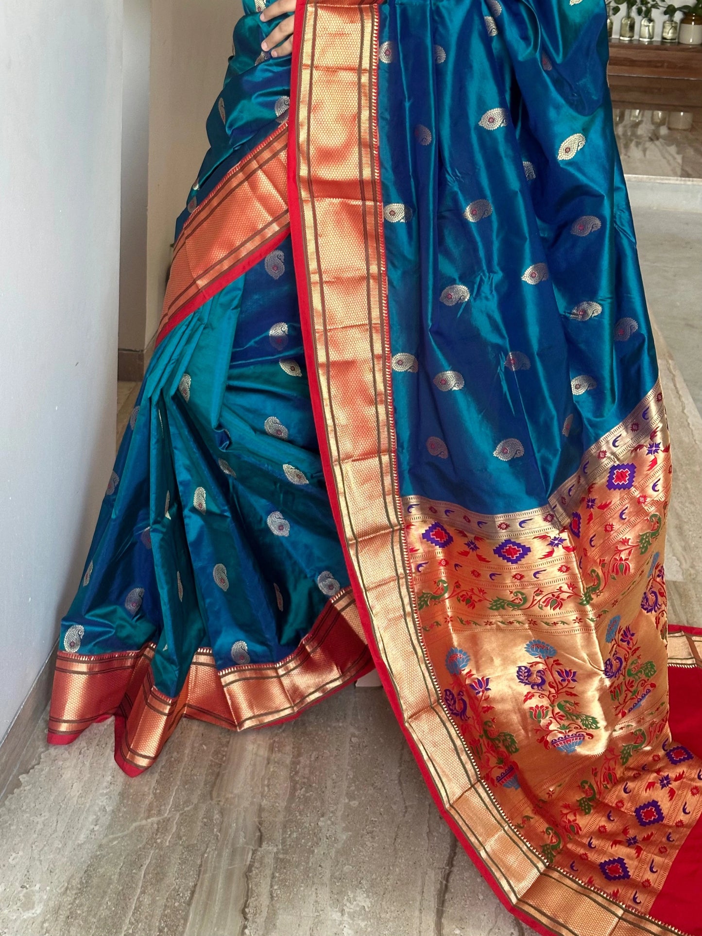 Peacock Blue-Red Paithini Silk Saree