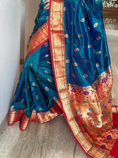 Peacock Blue-Red Paithini Silk Saree