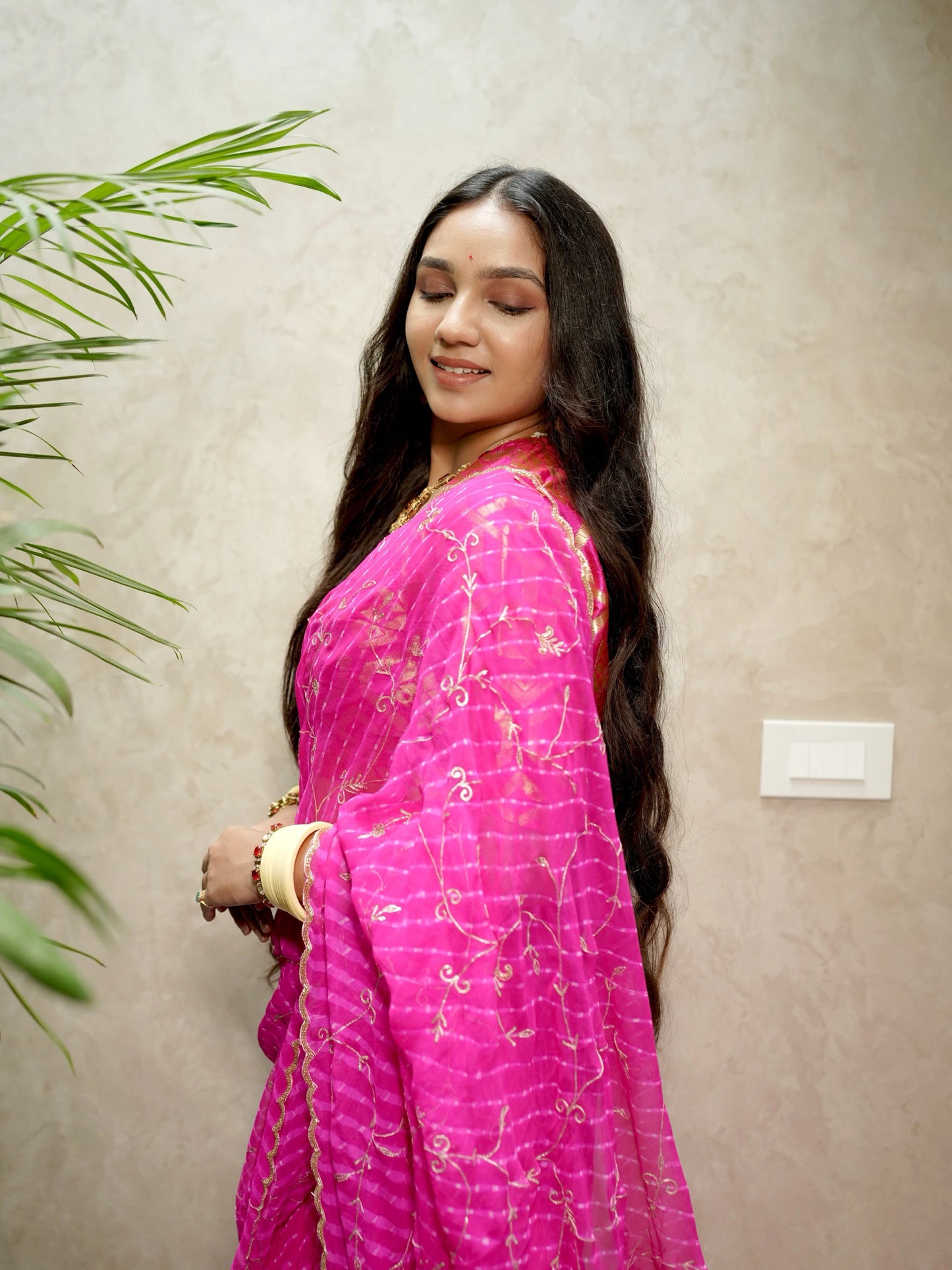 Rani Pink Pure Georgette Motra Saree With Aari Work
