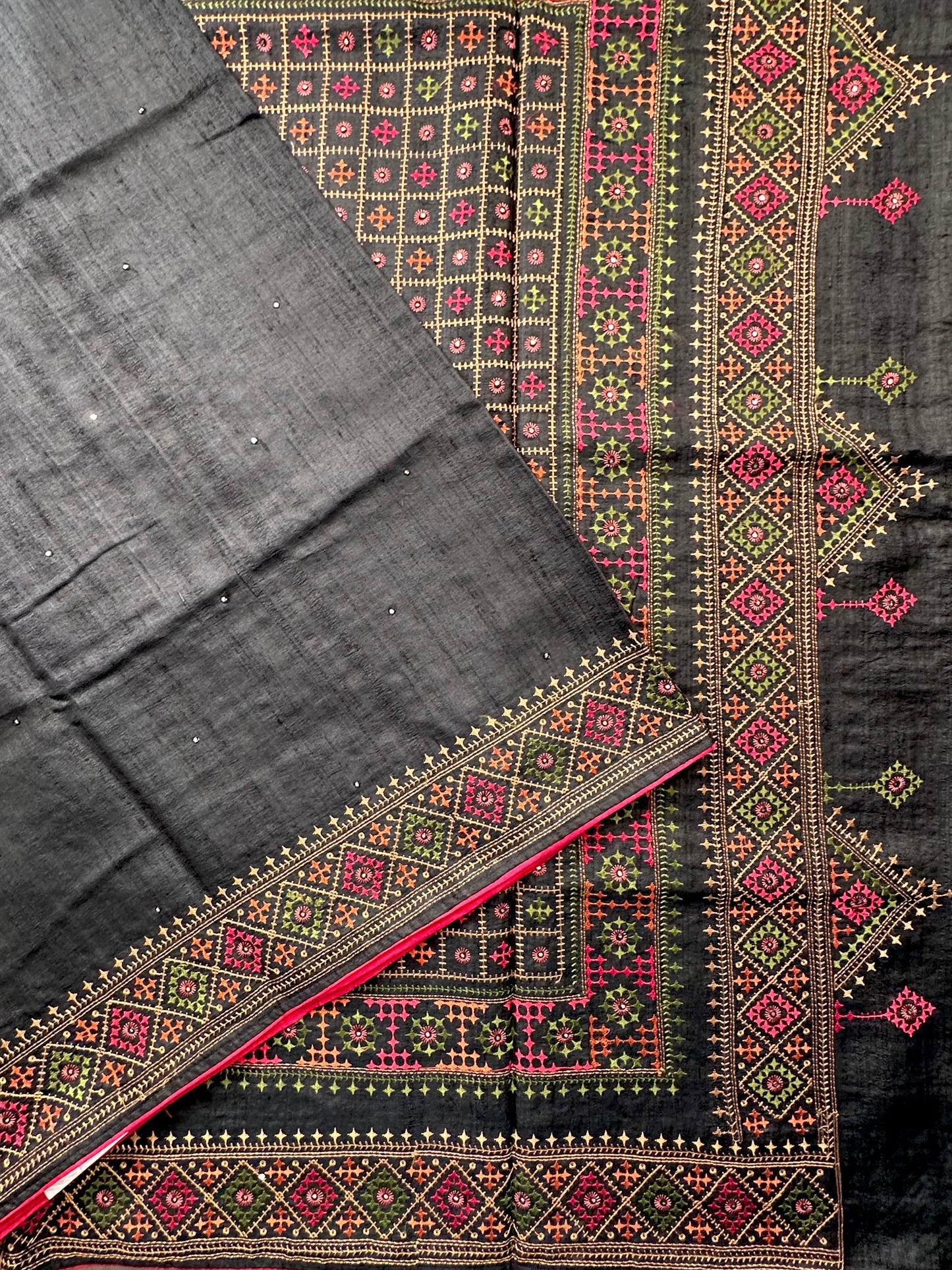 Black Pure Tussar Silk Saree With Embroidery