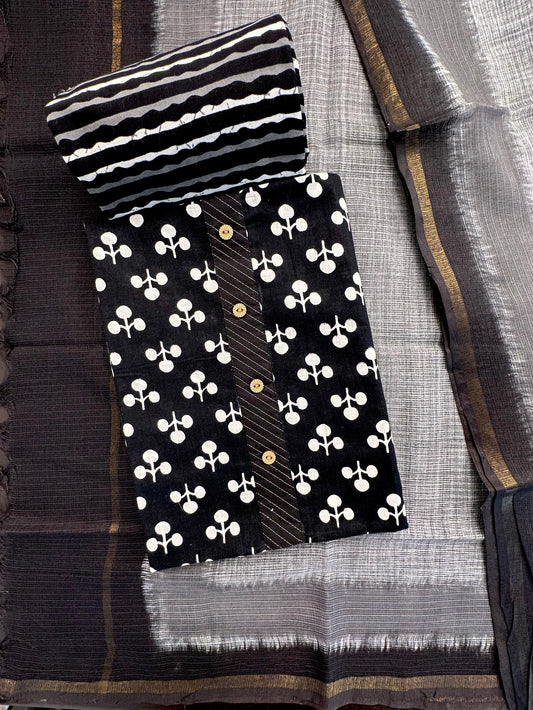 Black Jaipuri Cotton 3-Piece Suit