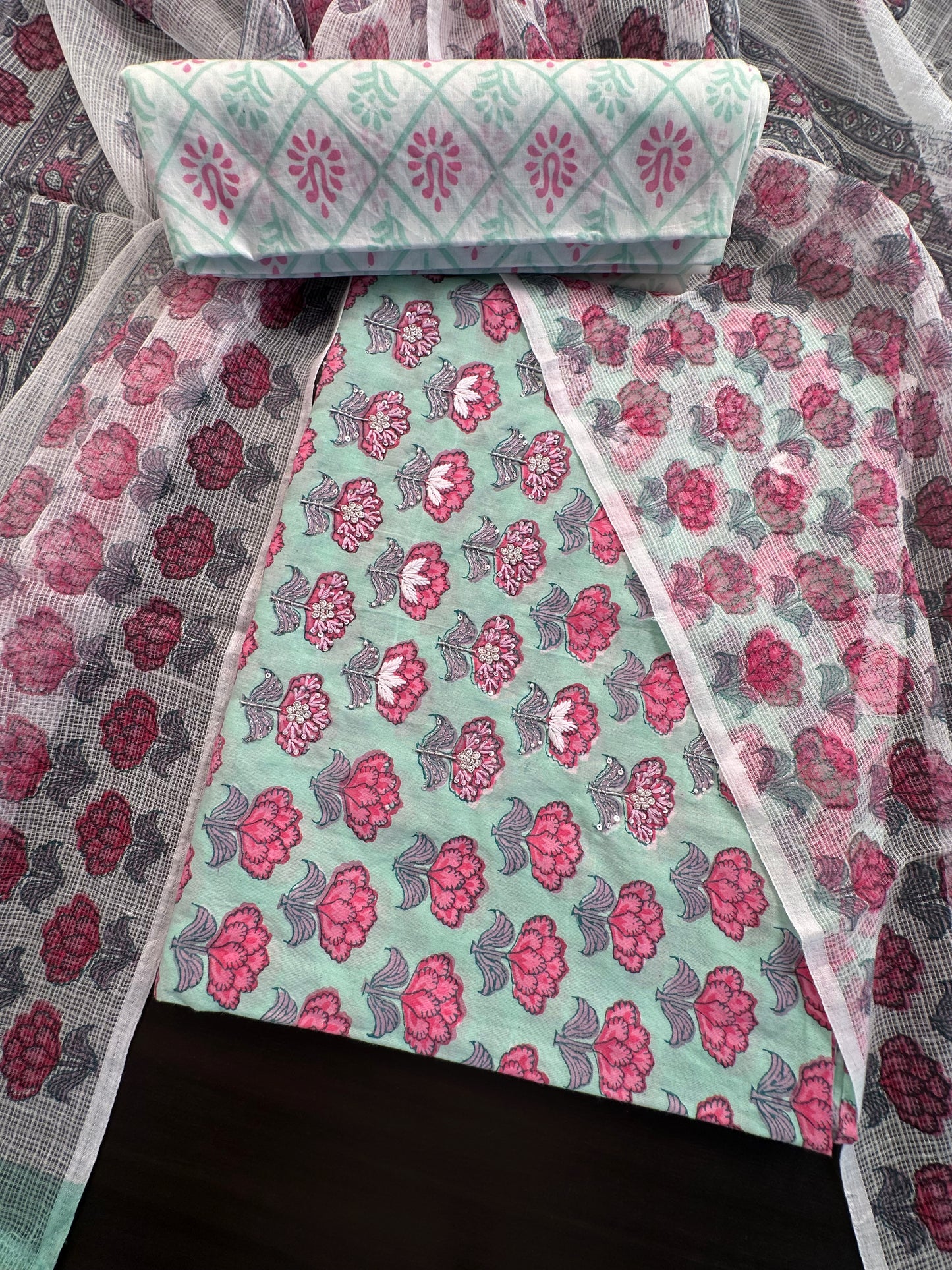 Pista Green Block Printed Pure Cotton Suit