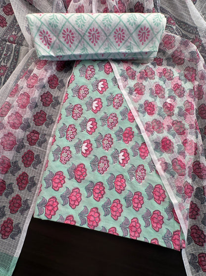 Pista Green Block Printed Pure Cotton Suit