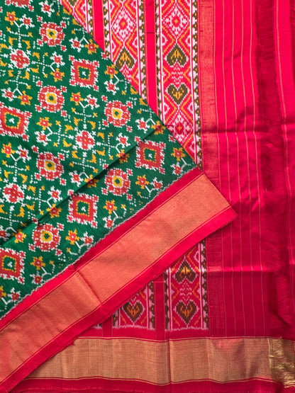 Bottle Green-Red Patola Handloom Silk Saree
