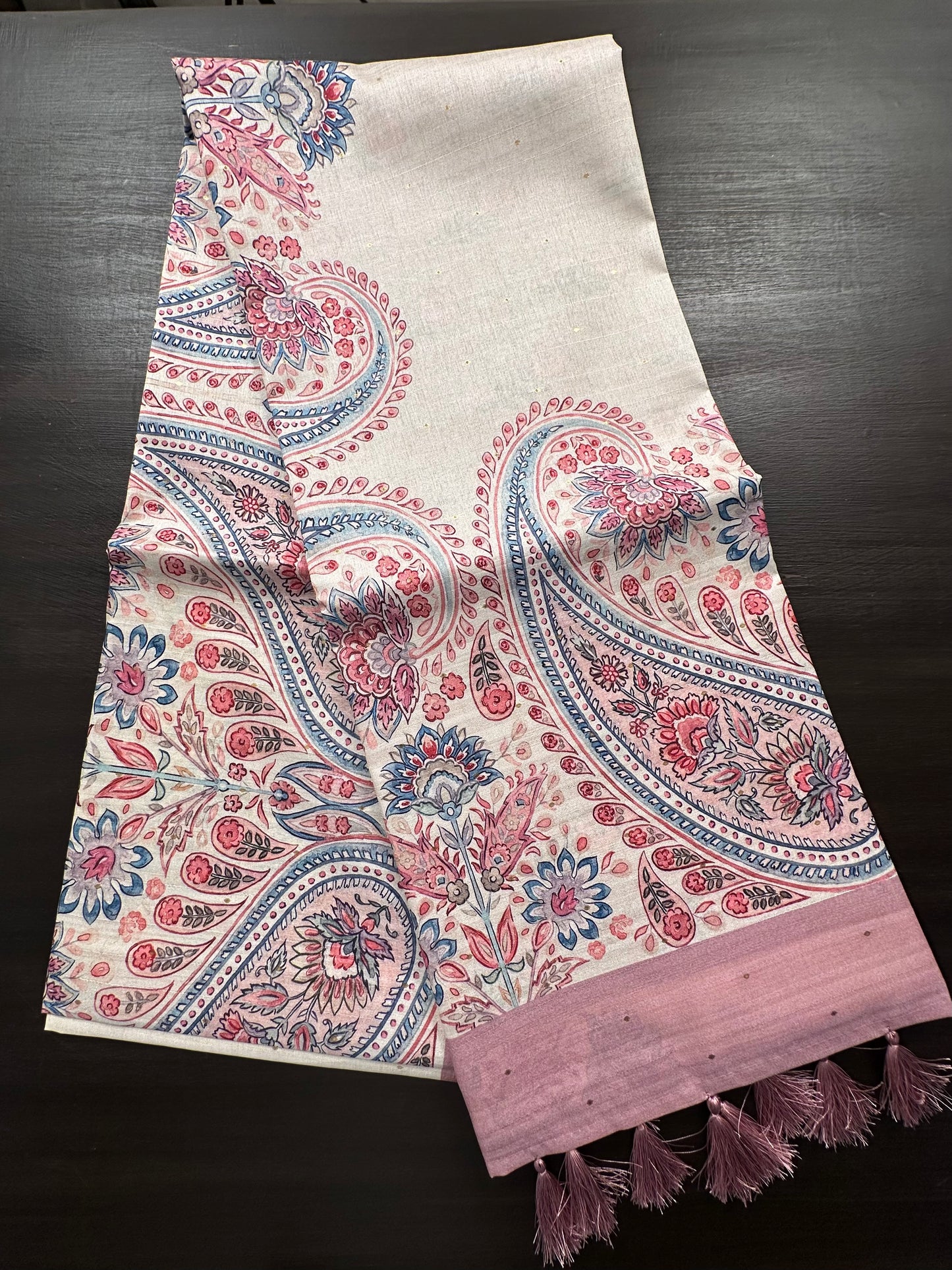 Off White-Pink Printed Art Silk Saree