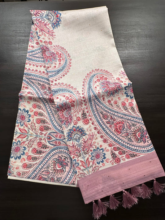 Off White-Pink Printed Art Silk Saree