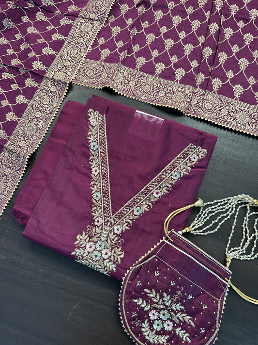 Chanderi 3-Piece Suit With Banarasi Dupatta & Potli